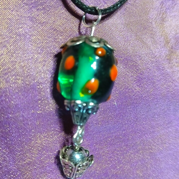 Hot air balloon pendant silver green orange aqua vintage style lampwork handmade - Picture 3 of 5